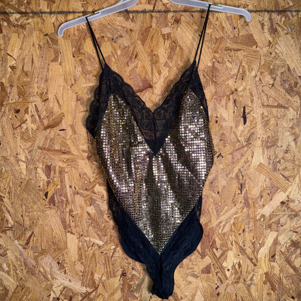 VTG Gold‎ Sequin Black Lace Bodysuit Glam Edgy Coquette Bow Made in USA Medium